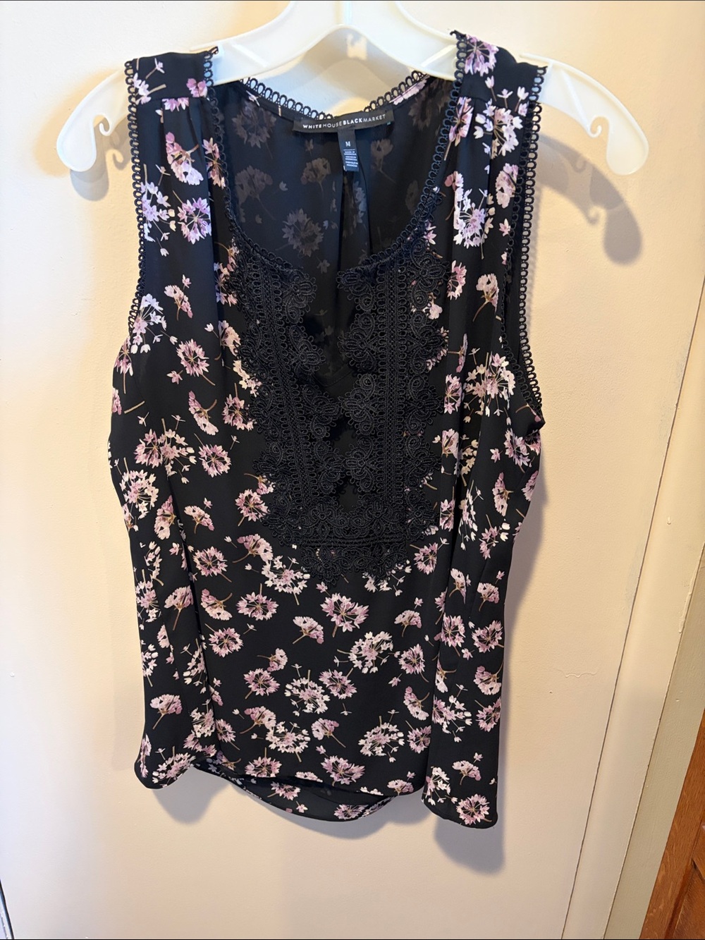 White House Black Market Black Sleeveless Floral Lace-Front Camisole